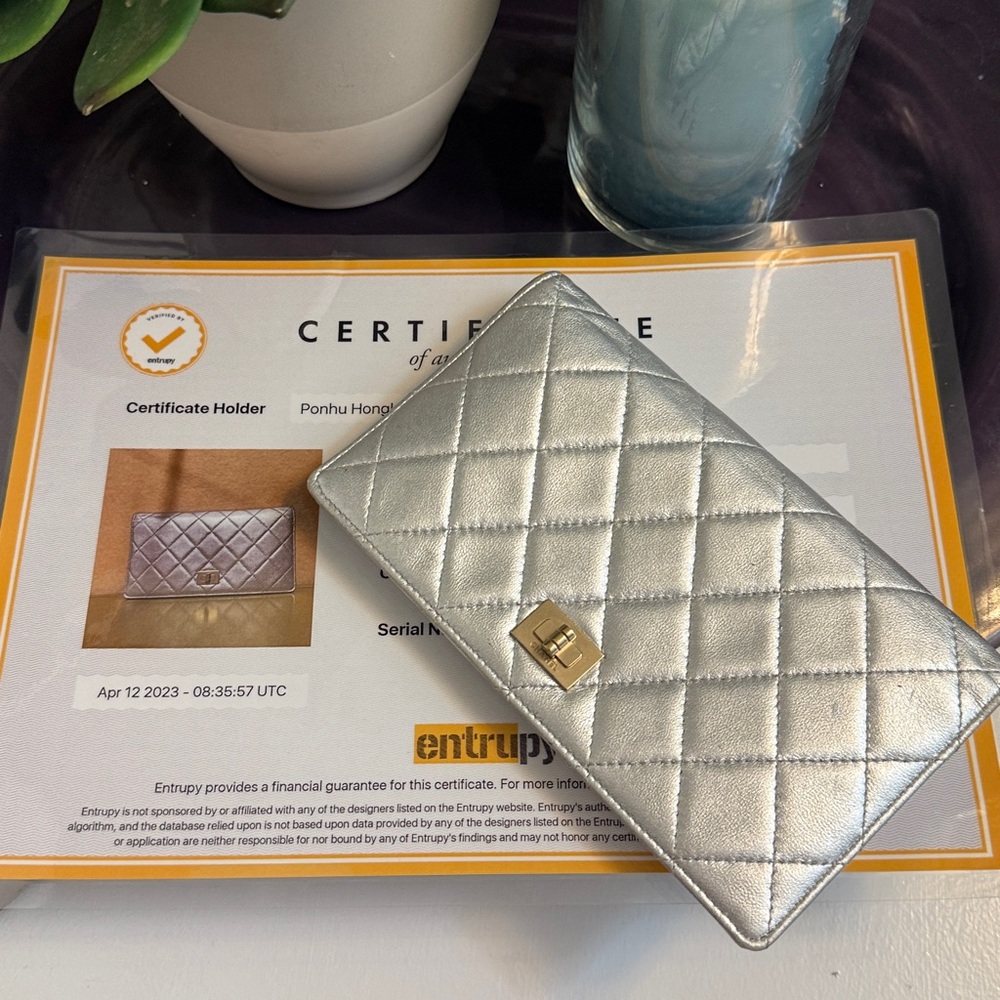 CHANEL Authentic Silver Quilted Wallet